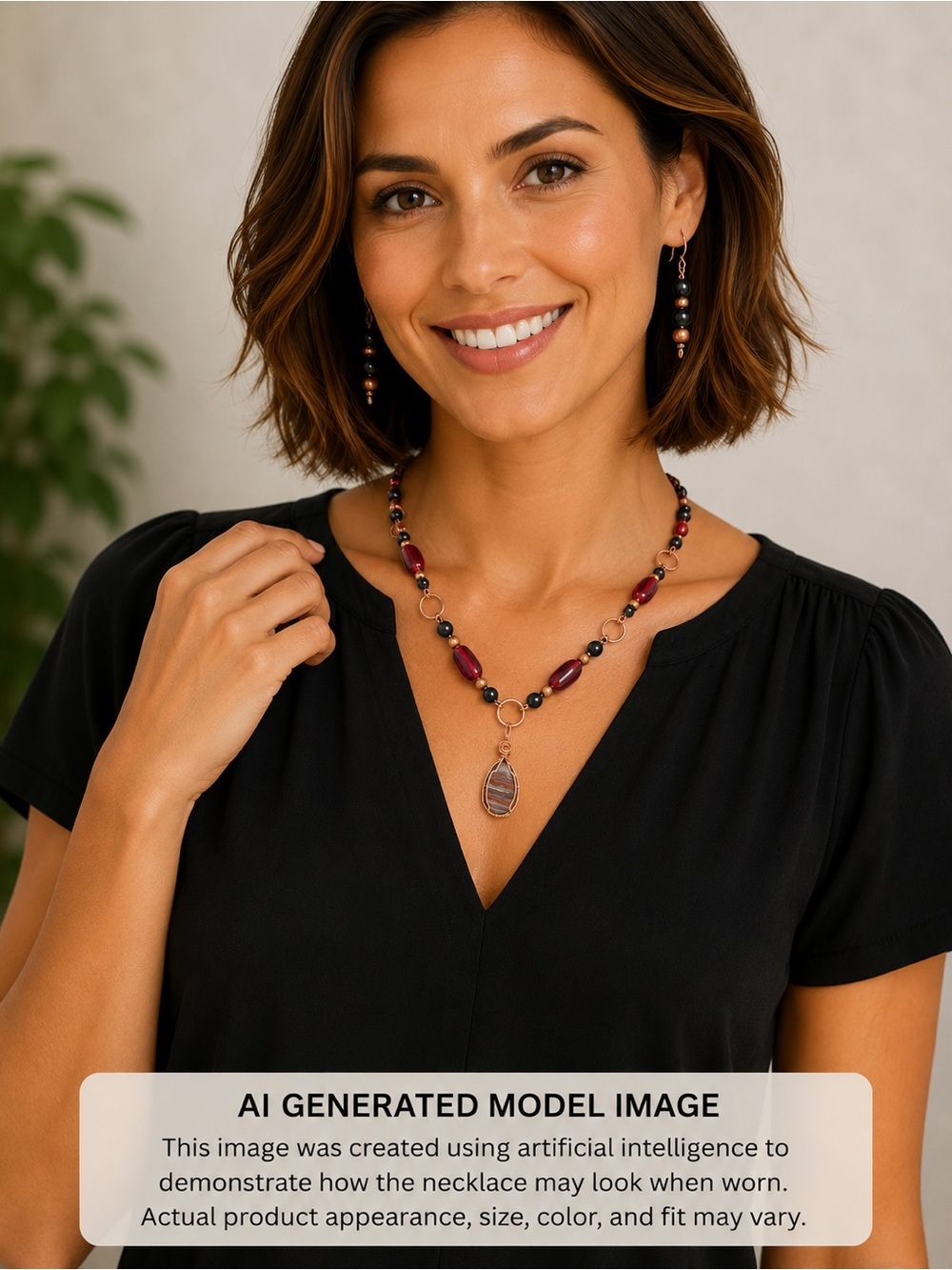 Copper Wire Wrapped Banded Jasper Cabochon necklace earrings set on beaded chain